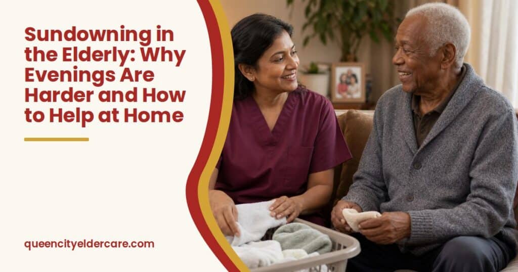 A caregiver in a maroon top and an older man fold hand towels together on a sofa in a lamp-lit living room in the evening